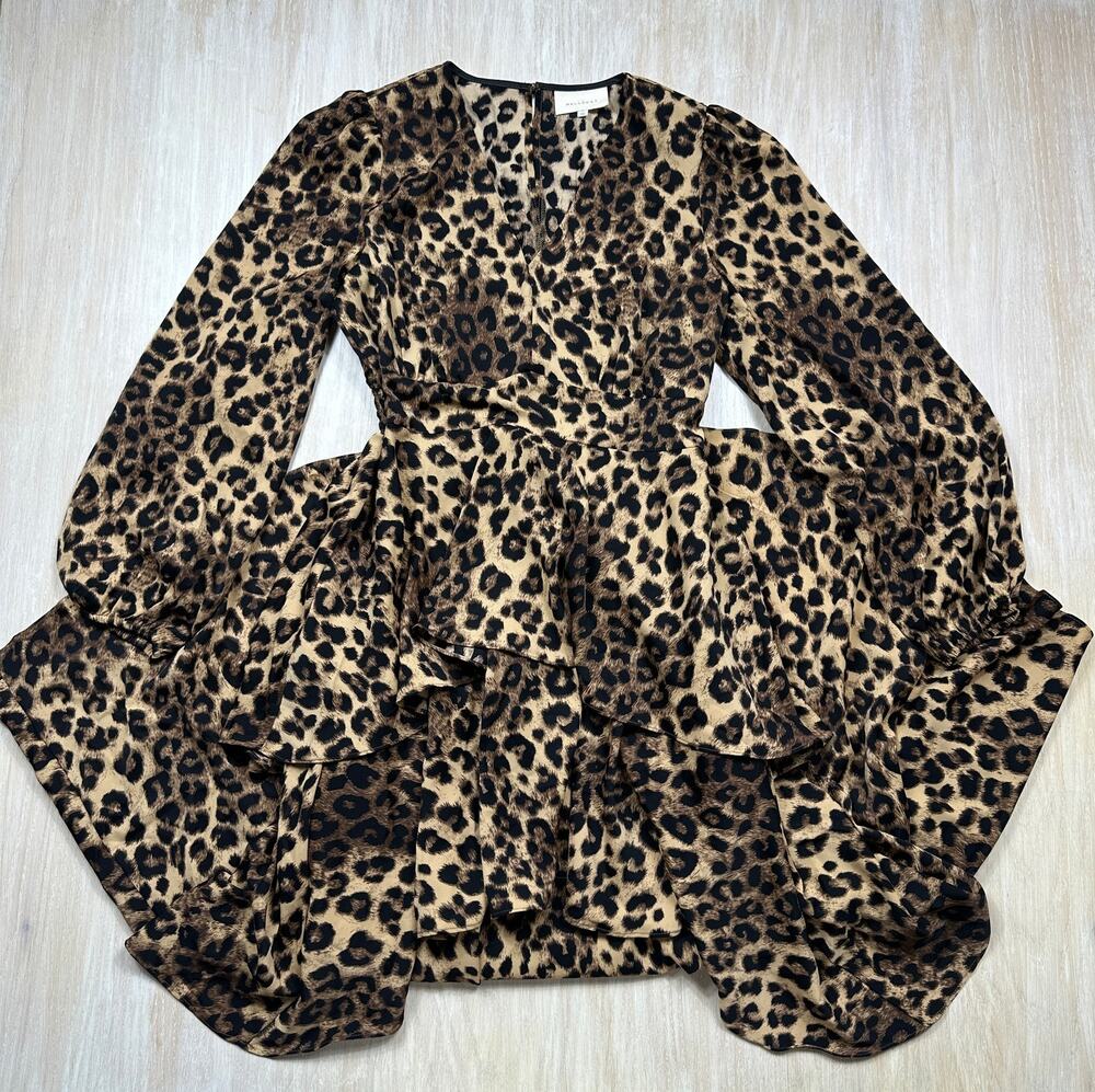 Melloday Leopard Animal Print Ruffle Tiered Glam Long Sleeve Midi Dress Large